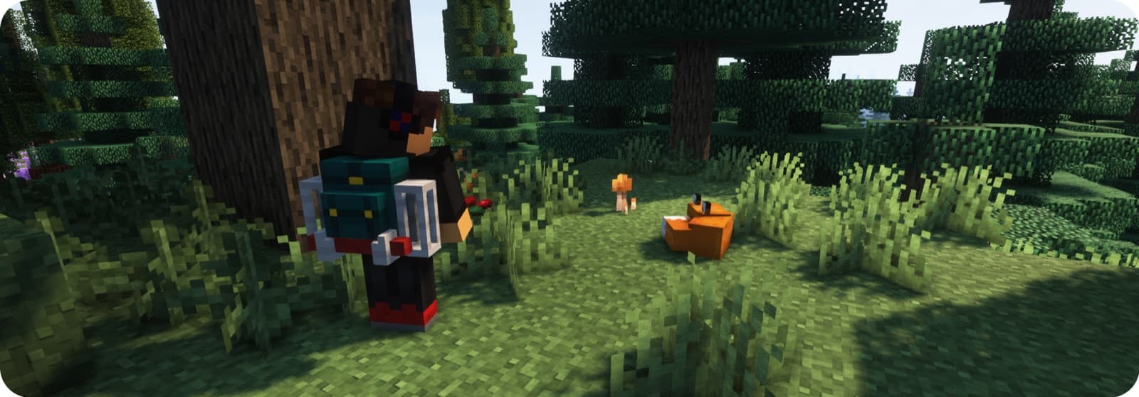 A trainer wearing the Traveler's Backpack in a forest