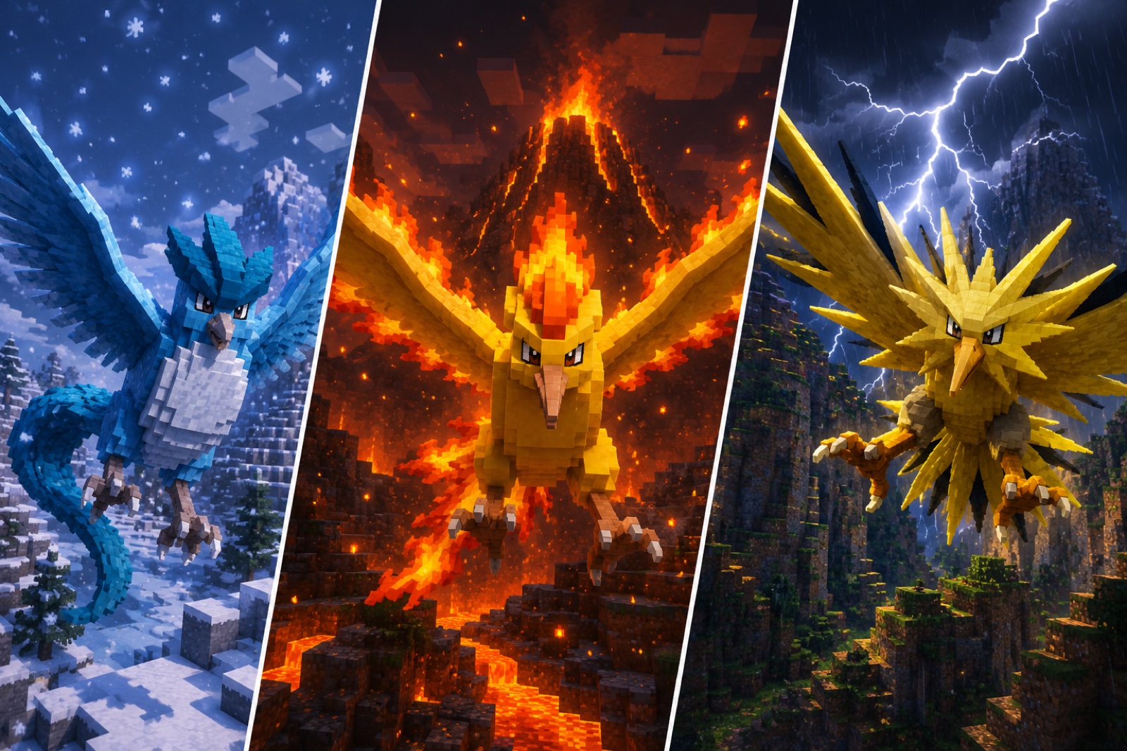 Articuno, Moltres, and Zapdos in their elements